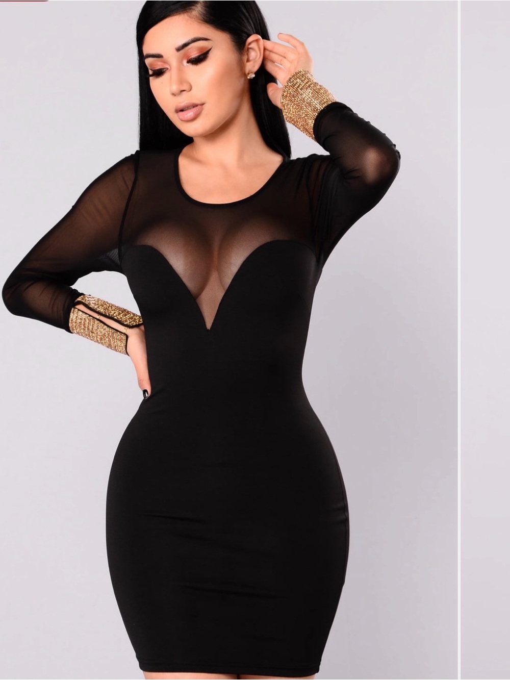 Black Sheer Panel Bodycon Dress with Gold Cuff Detail